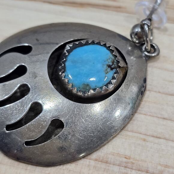 Silver Turquoise Bear Paw Feather Dangle Earrings Native American Tribal - Picture 9 of 13